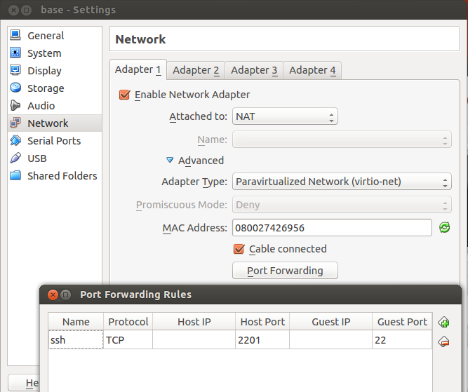 VirtualBox settings for network adapter 1 on client